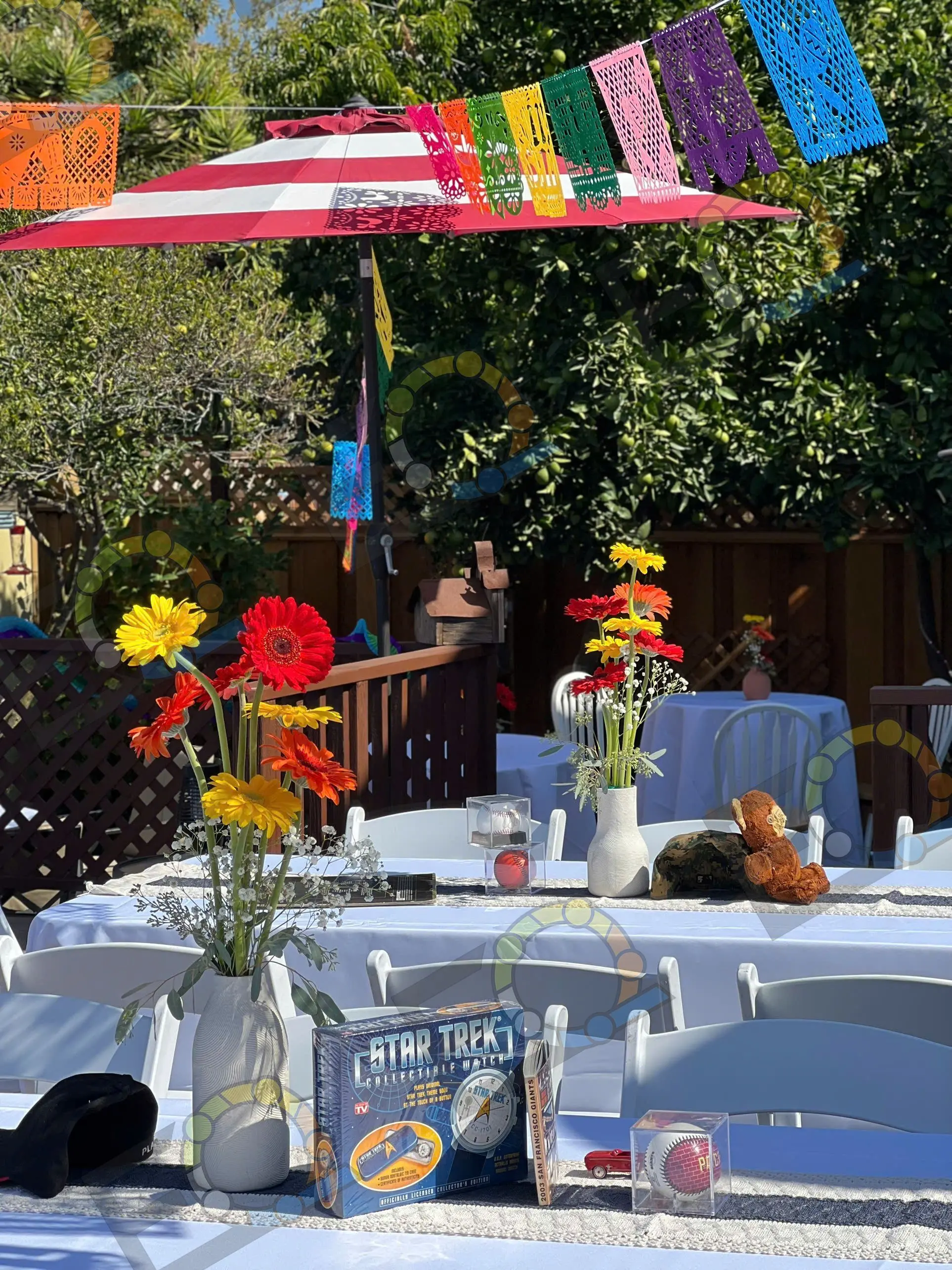 Bright gerbera centrepieces on backyard tables