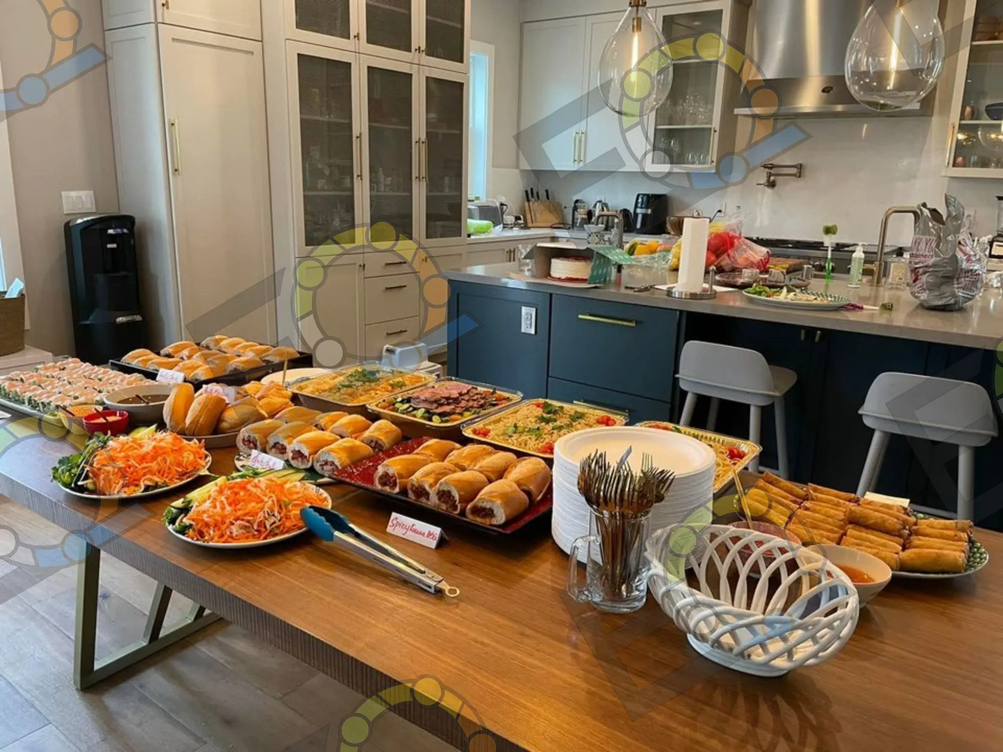Grazing spread arranged across a kitchen island