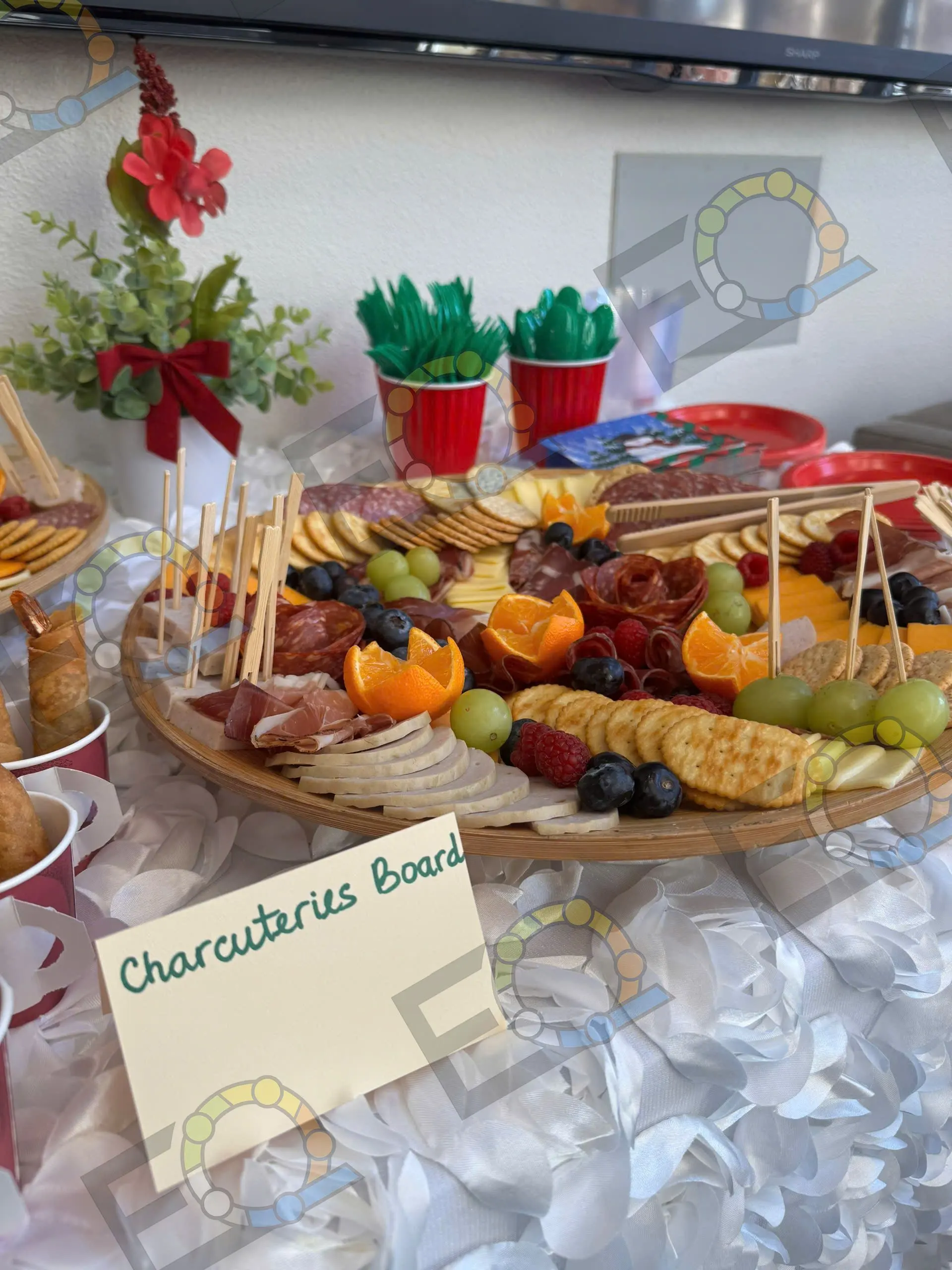A charcuterie board of fruit, cheese and cured meats