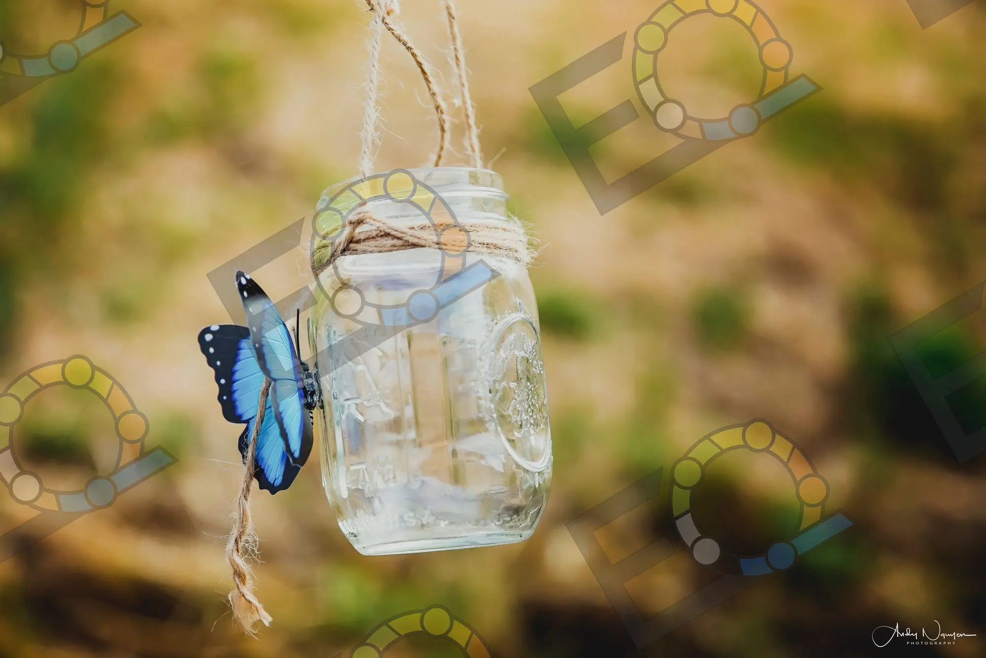 A mason jar lantern and paper butterfly hung outdoors