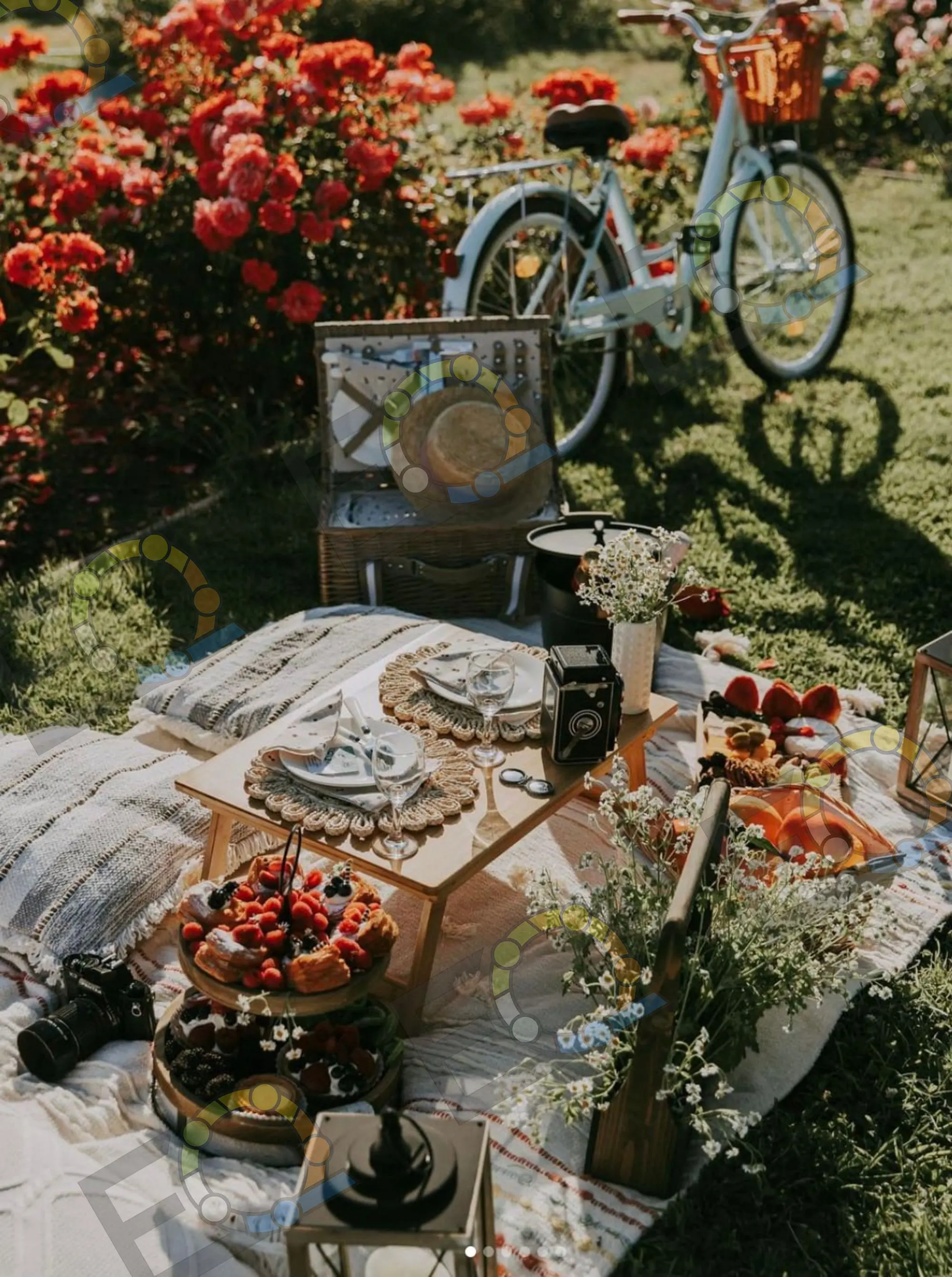 A picnic laid before a wall of roses, and a gold and silver balloon arch