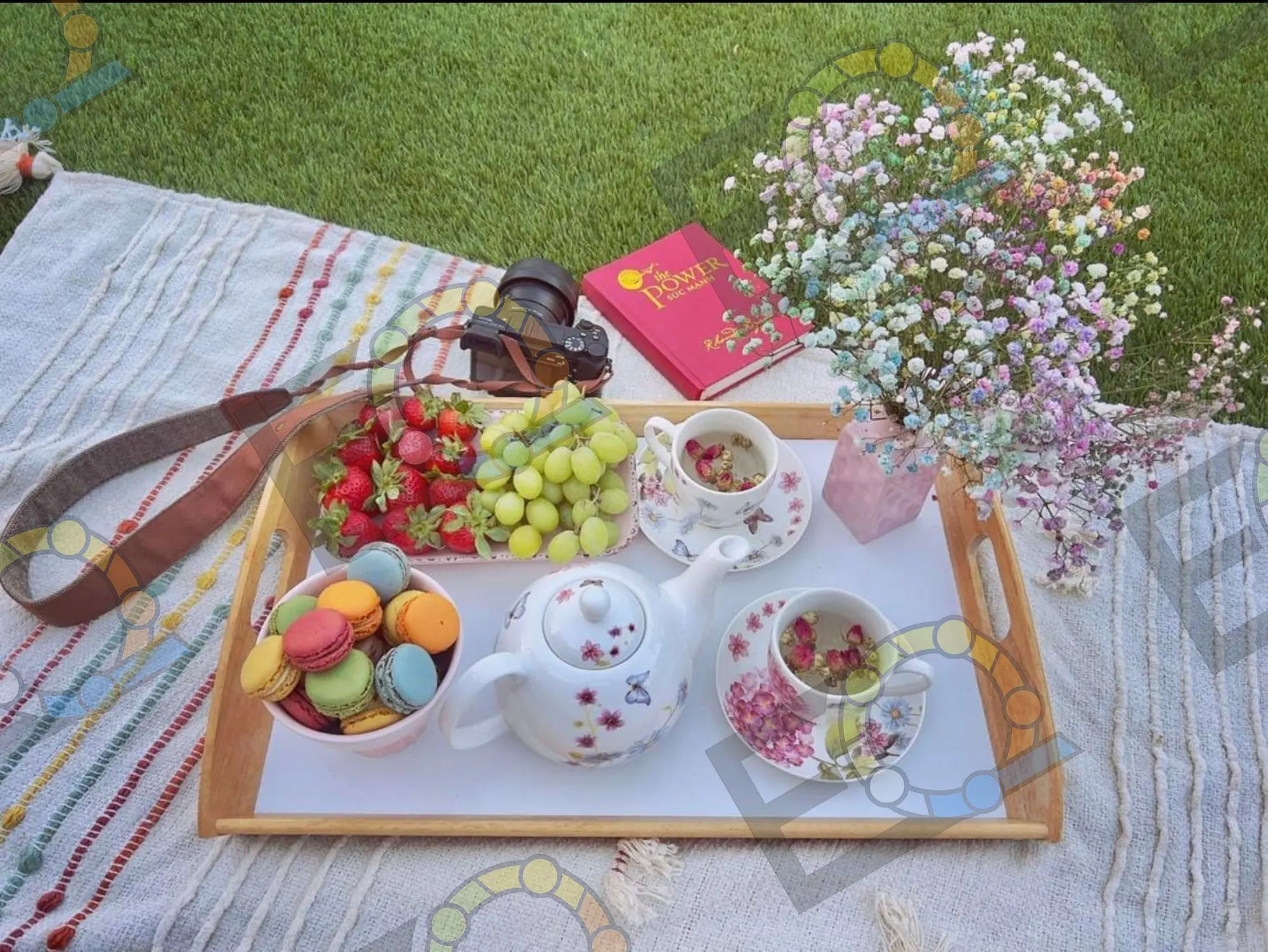 Tea tray with macarons and fresh fruit on a picnic blanket