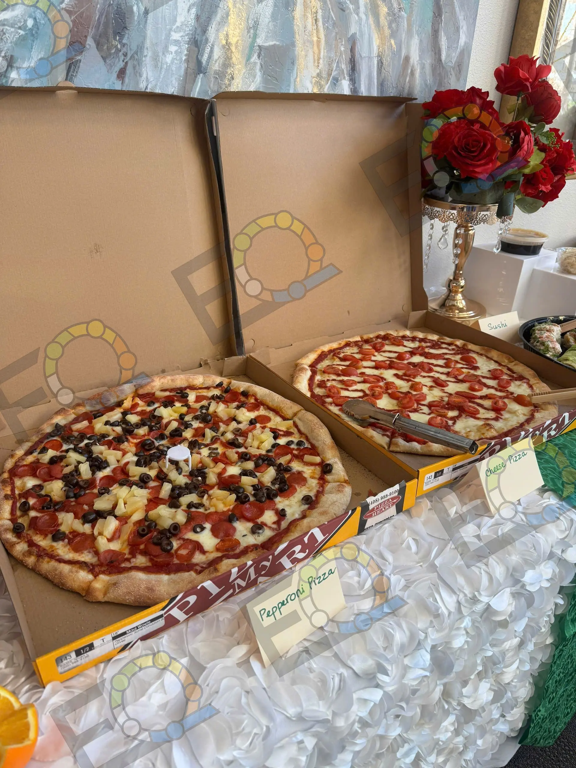 Fresh pizzas set out on a buffet table