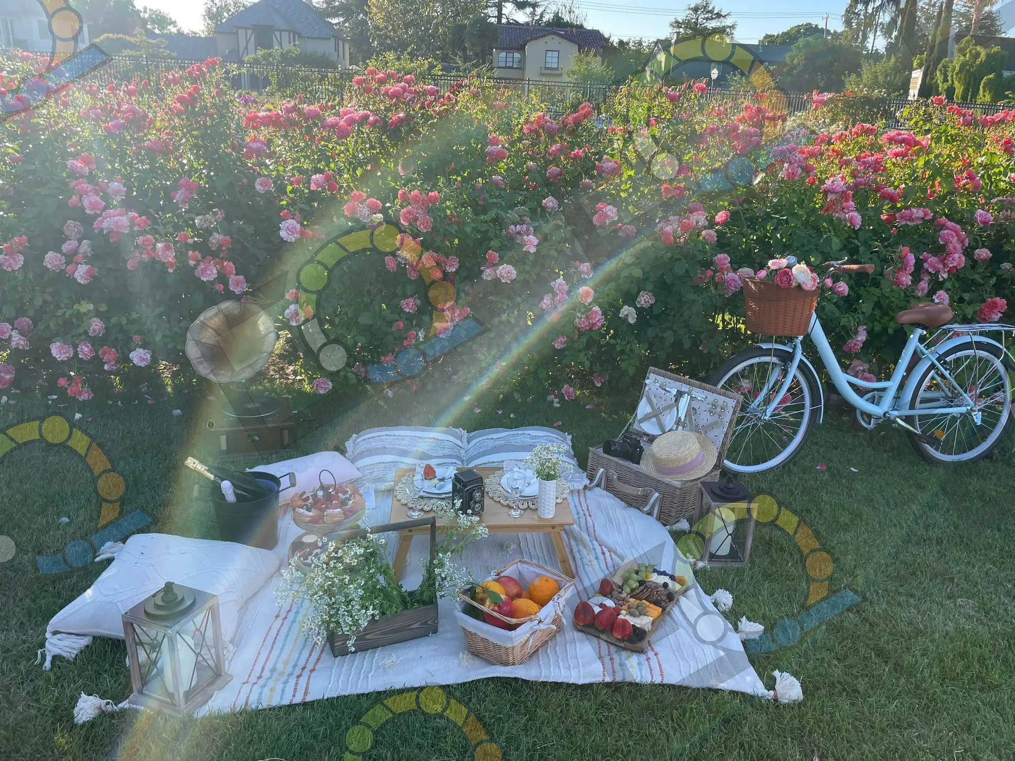 A picnic laid on a blanket before a wall of roses