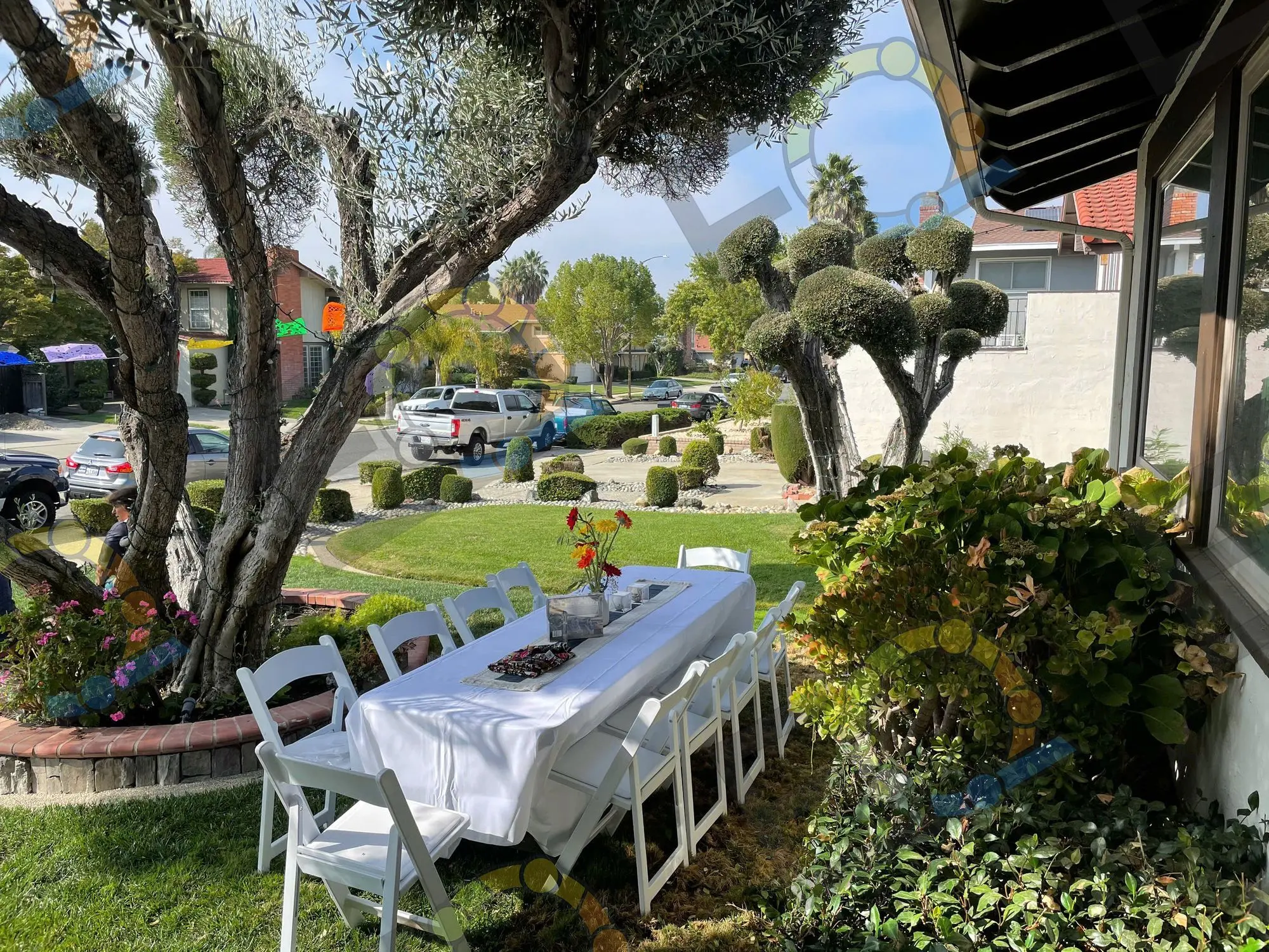 A long banquet table dressed in white beneath mature trees