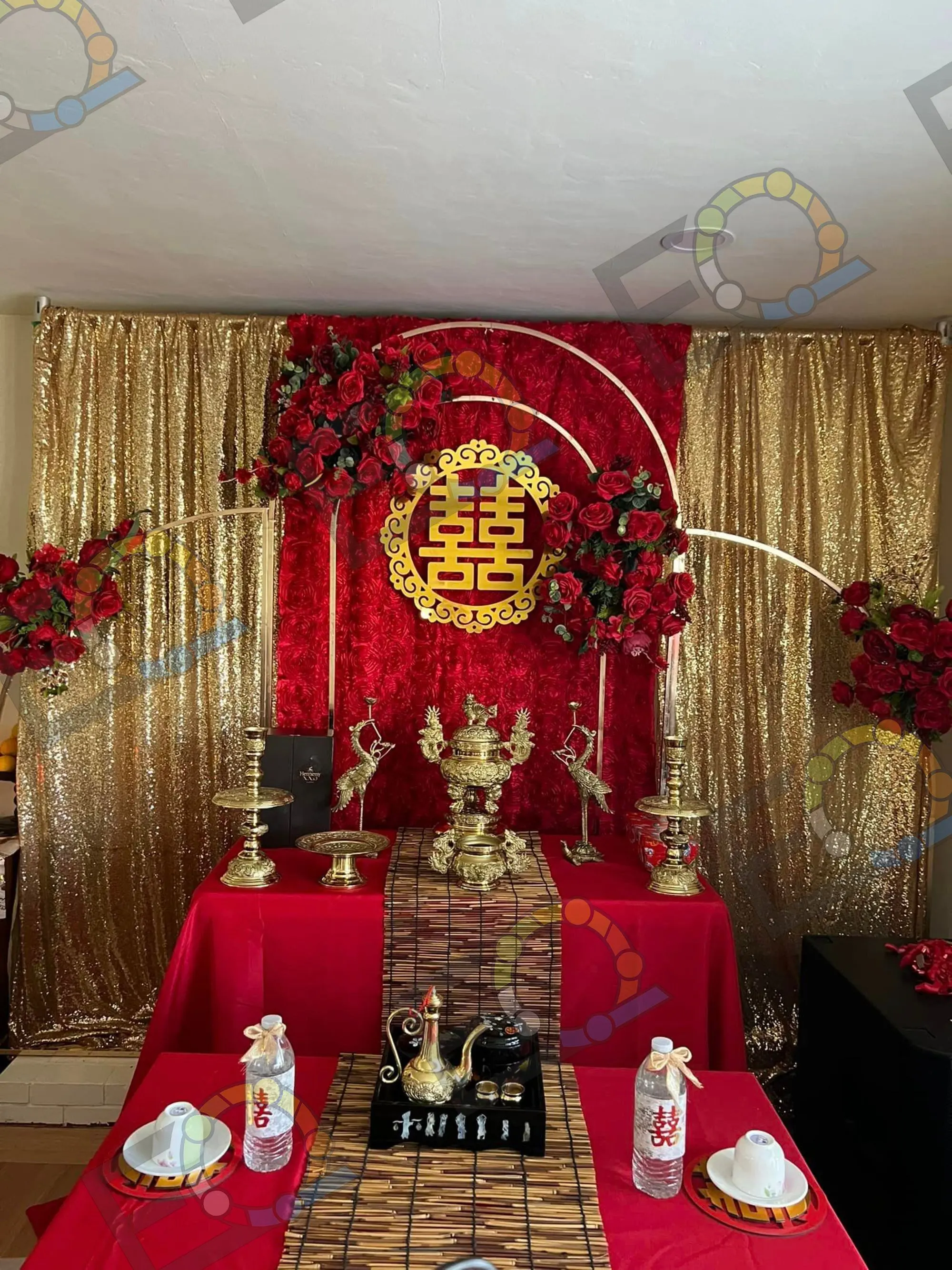 Traditional Vietnamese tea ceremony altar in red and gold