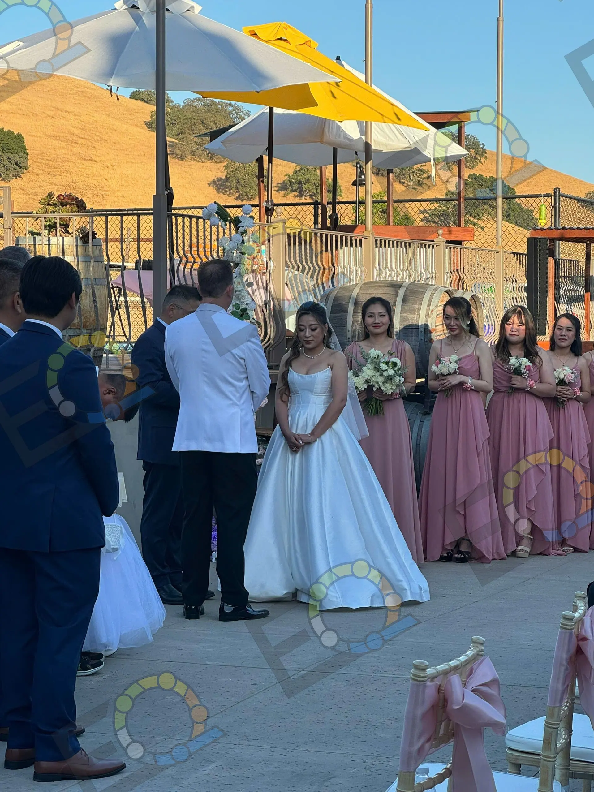 A wedding party gathered on a terrace