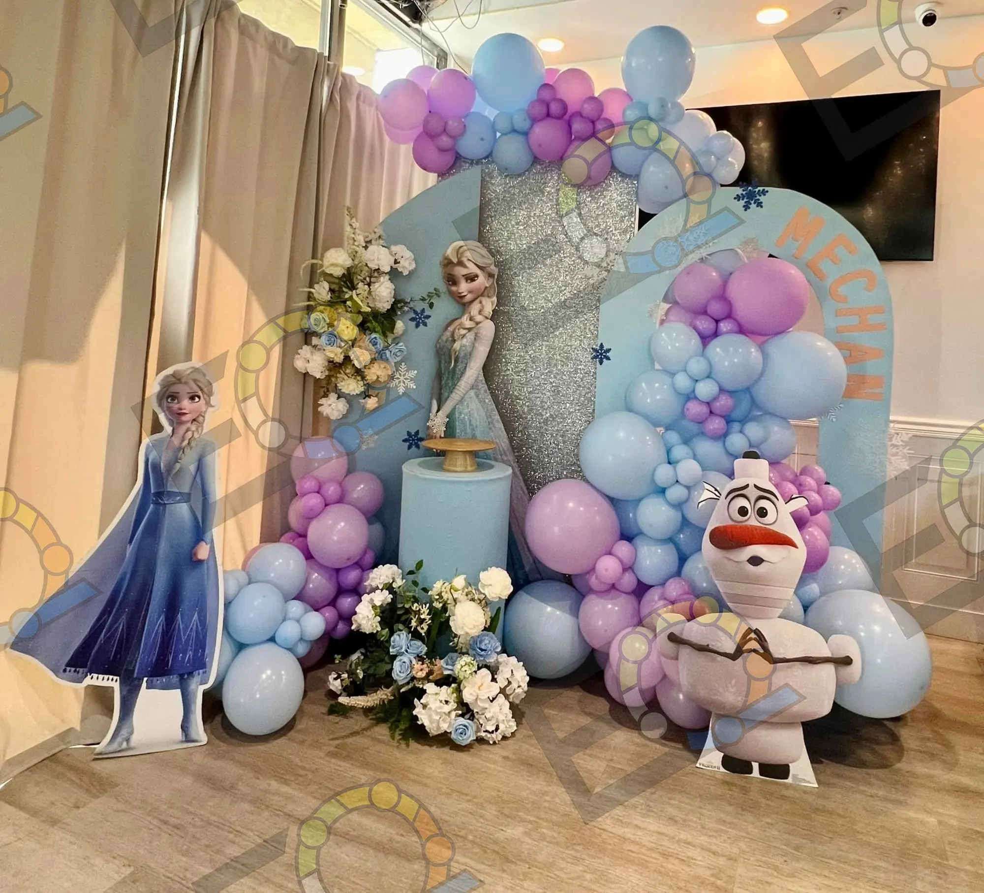 Winter character themed balloon backdrop